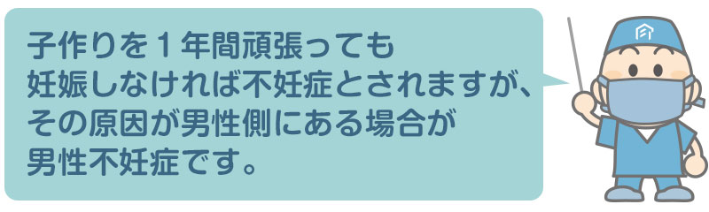 男性不妊とは、精子の問題、勃起や射精の問題、精子の通り路に問題などがあって妊娠に至らない状態のことを示すよ。